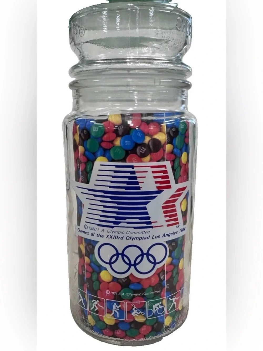 Vintage M&M's Mars 1984 Los Angeles LA Olympic Games Glass Candy Jar 7.75